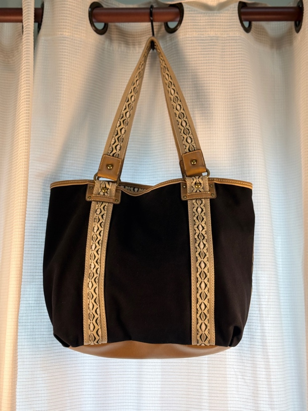 Relic by Fossil Black Canvas Tote Bag Tan Braided Woven Trim EUC